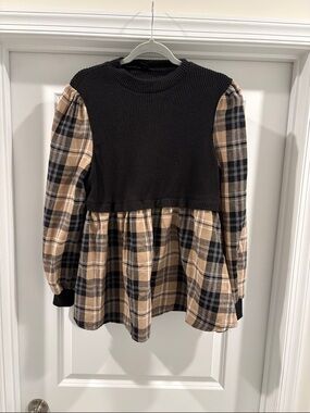 Maternity Black Knit & Beige Plaid Peplum Top